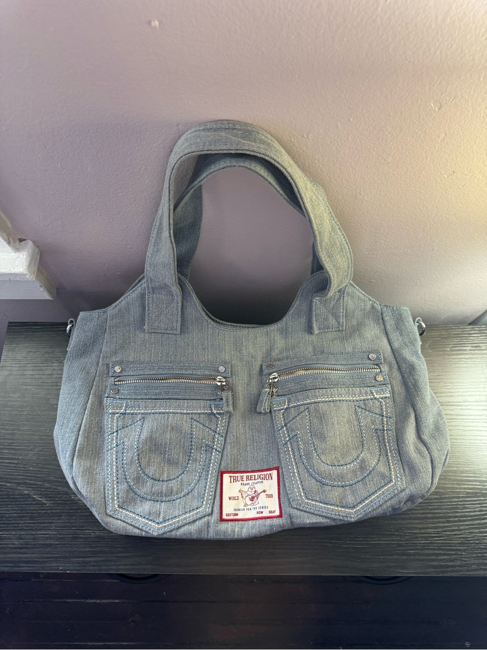 True Religion Light Blue Denim Shoulder Tote